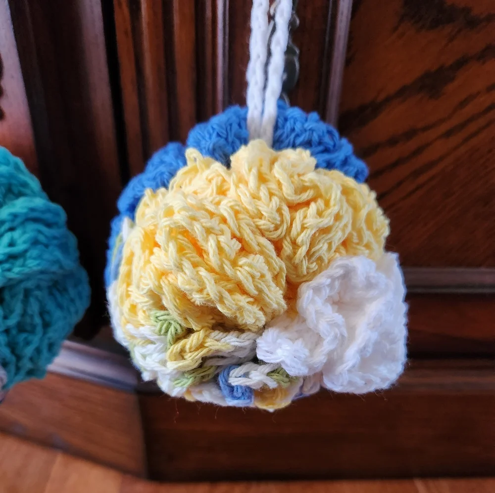 Crochet Set of 2 Teal Multi-colored Shower Poufs